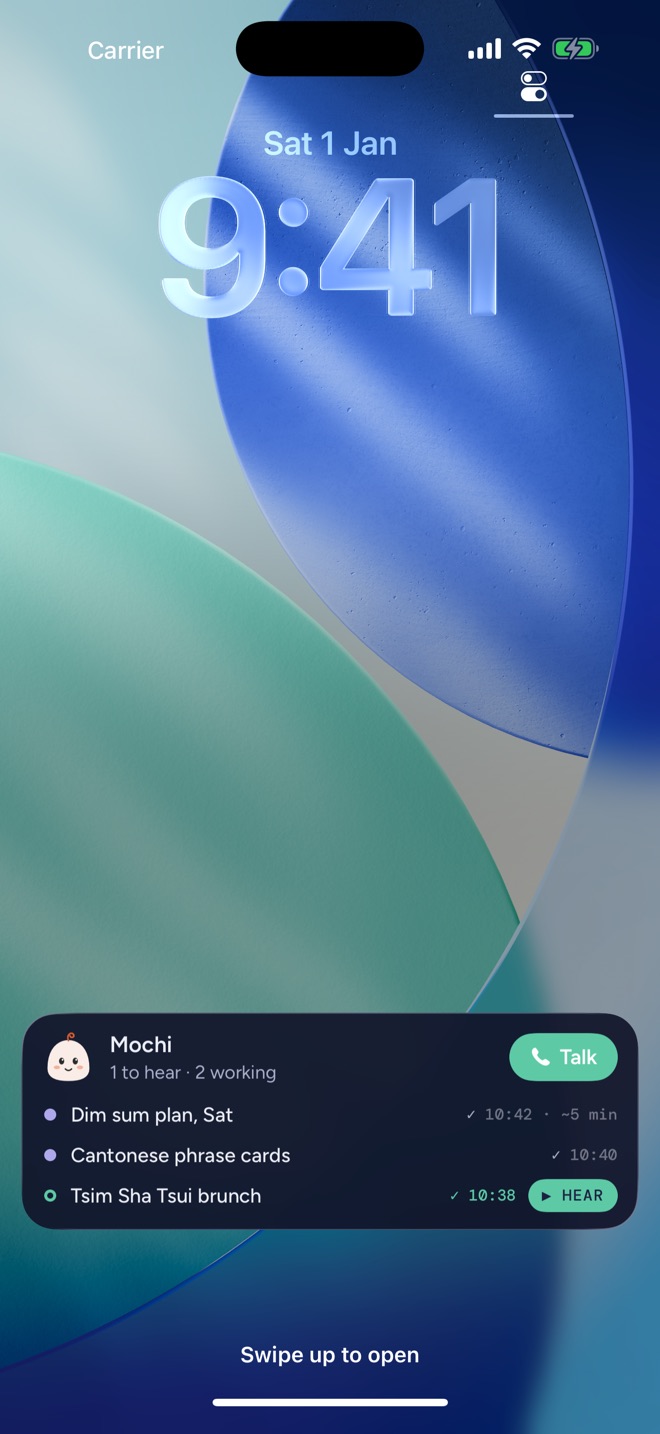 iPhone Lock Screen with a Mochi Live Activity showing jobs in progress and ready to hear